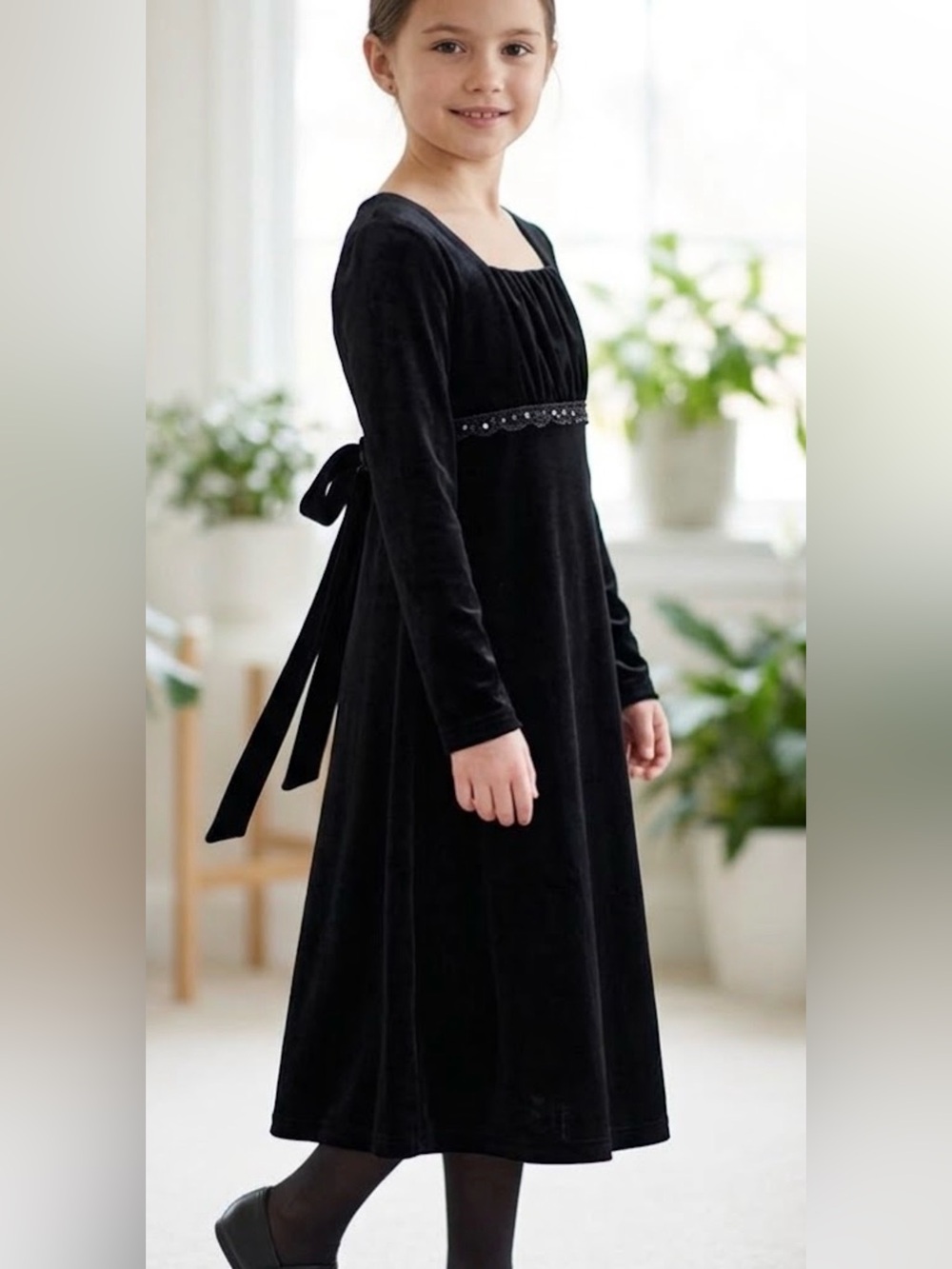 Bonnie Jean Black Velvet Long-Sleeve Dress with Waist Bow